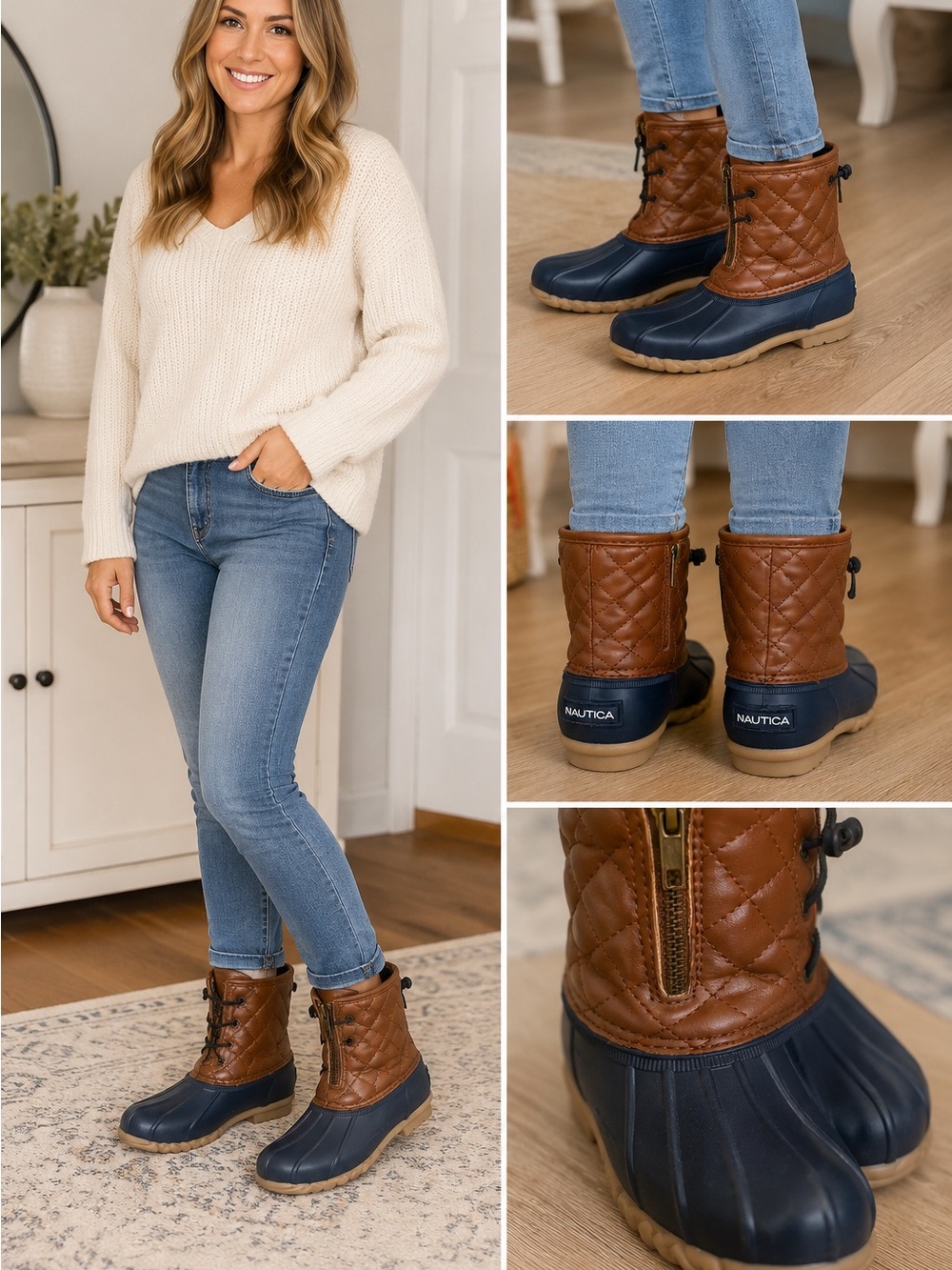 Nautica Dorsay Duck Boots Women’s Size 11 Brown Navy Quilted Rain Winter Zip